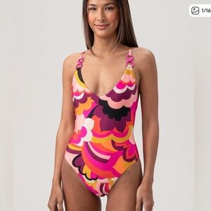 Trina Turk Pink & Orange Boho Halter One‎ Piece Low Back Swimsuit Size 6